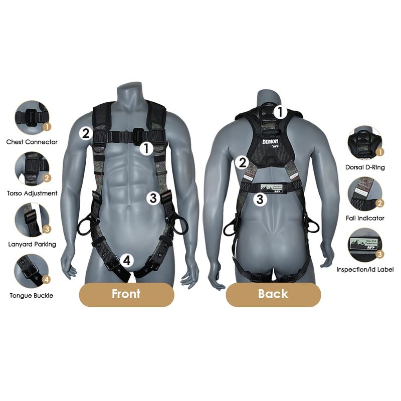 afp Camouflage Universal Fall Protection Ergonomic Comfort Safety Harness, Soft Pressure-Relieving Perforated Breathable Padded Foam Shoulder, 3 D-Rings, Tongue Buckle, Mating Buckle (OSHA/ANSI PPE) - Image 3